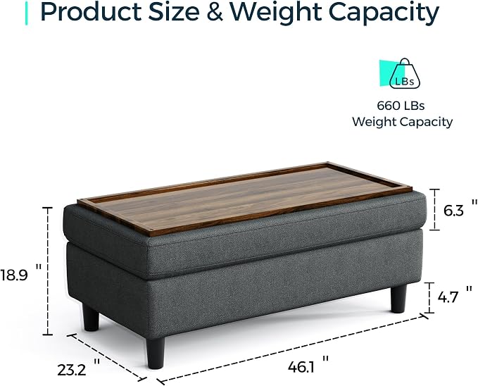 LINSY HOME 46 Inches Wide Storage Ottoman Bench, Linen Coffee Table Long Shoes Bench Footstool, Storage Chest, Foot Rest Stool, for The Living Room, Entryway and Family Room, Dark Gray