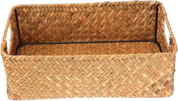 Decorative Woven Storage Basket Multipurpose Hand Woven Rectangular Holder for Vegetables Sundries Organizer Suitable for Bedroom Living Room Bathroom Office
