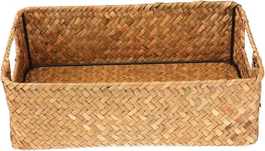 Decorative Woven Storage Basket Multipurpose Hand Woven Rectangular Holder for Vegetables Sundries Organizer Suitable for Bedroom Living Room Bathroom Office