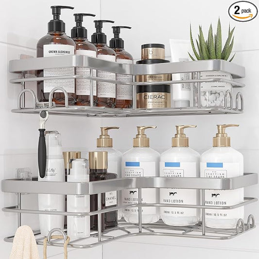 Sakugi Corner Shower Caddy - 2 Pack, Adhesive Shower Organizers, Rustproof Stainless Steel Shower Shelves with 8 Hooks, No Drilling Bathroom Organizers and Storage Racks, Space-Saving, Silver, X-Large
