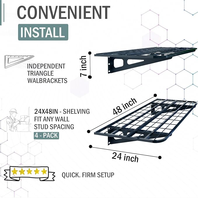 4-Pack 2x4ft Garage Wall Shelving, 4 Shelf Total 16 ft(L) Garage Shelving Wall Mounted, Heavy-Duty Storage Shelves, Perfect for Holding Storage Bins, Sporting Goods, Tools, and More Space-Saving