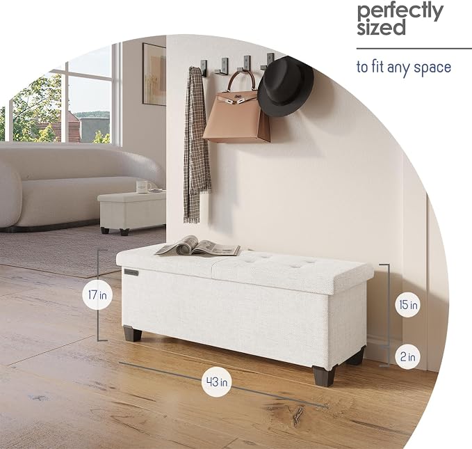 Storage Ottoman Bench with Bins, 43-in Storage Bench for Bedroom End of Bed, Folding Foot Rest Ottoman for Living Room Max 660lbs, Fabric Ottomans, Beige