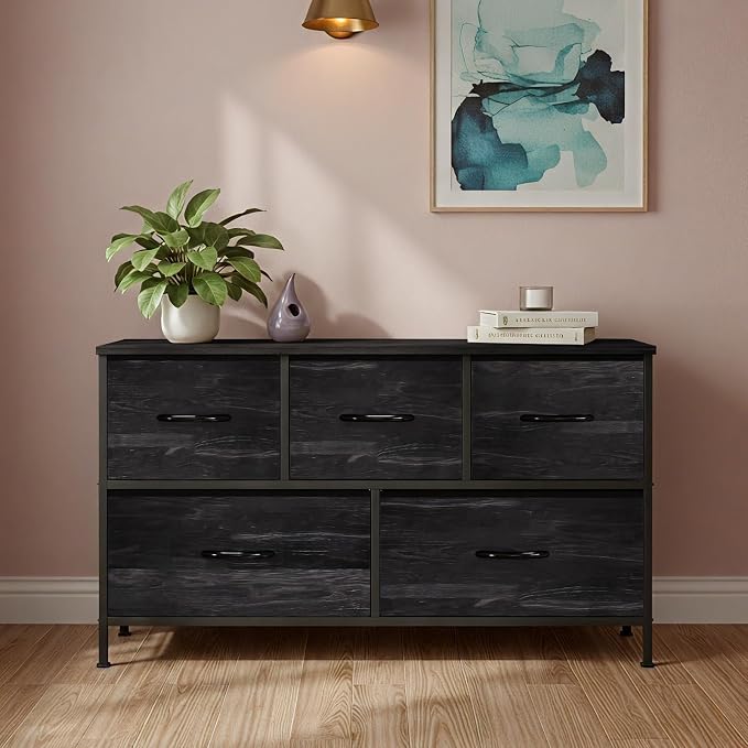 OLIXIS 5 Drawer Dresser for Bedroom, Storage Organizer Unit for Closet | Chest of Drawers for Clothes Storage with Bins, Wide Fabric Bedroom Dresser, Wooden Top, Living Room, Black Wood