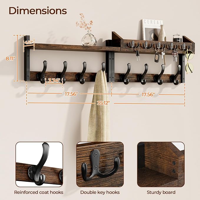 Evermagin 35" Coat Rack Wall Mount with Shelf for Entryway, Rustic Brown | Wall Mounted Coat and Key Rack with Hooks, Key Holder with Mail Organizer for Wall, Living Room, Mudroom, Bedroom