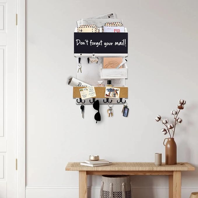 Mail Organizer Wall Mount，Key Holder Mail and Key Organizer for Wall with Shelf, Chalkboard, Corkboard, Home Decor for Room Office Entryway(Ivory White)