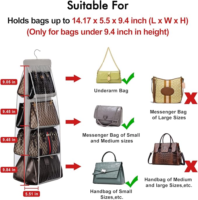 Lirex Handbag Hanging Purse Organizer for Closet, 8 Pocket Handbag Storage Organizer Hanger Oxford Cloth Closet Organizer for Family Closet Bedroom, Foldable and Universal Fit, Light Blue