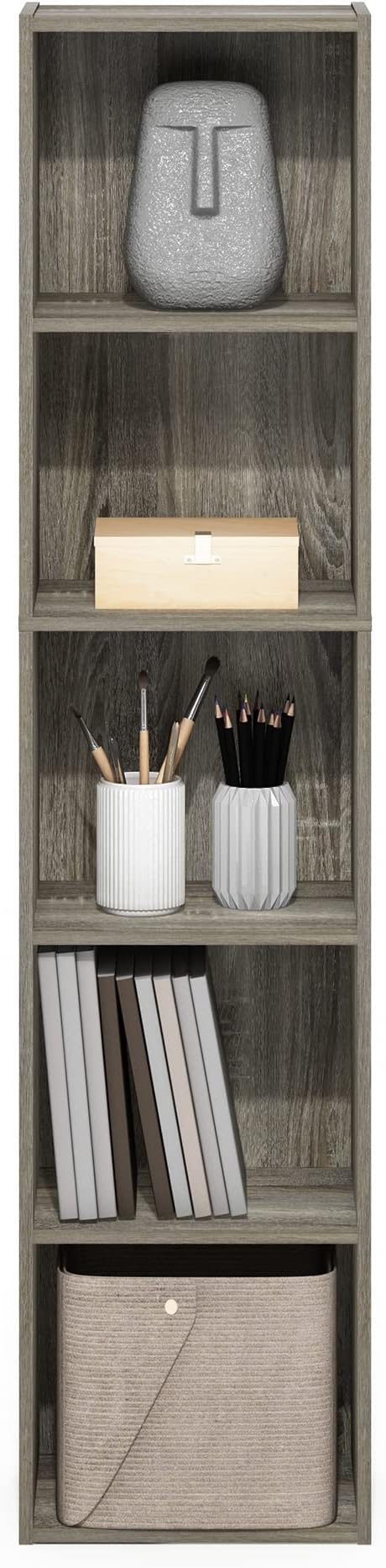 Furinno PASIR Book Shelf, 5-Tier Tall Narrow Bookshelf, Open Shelves Bookcase, 9 x 12 x 52, Easy Assembly, for Living Room, Bedroom, Home Office, French Oak