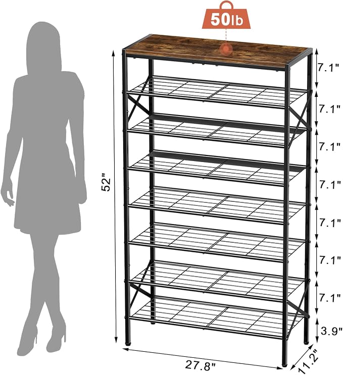 8 Tier Metal Shoe Rack with Wood Top, 24-32 Pairs Rustic Brown | 52in tall maximizes vertical space. 2 iron sheets for heels. Remove a layer for tall boots. Versatile for home.