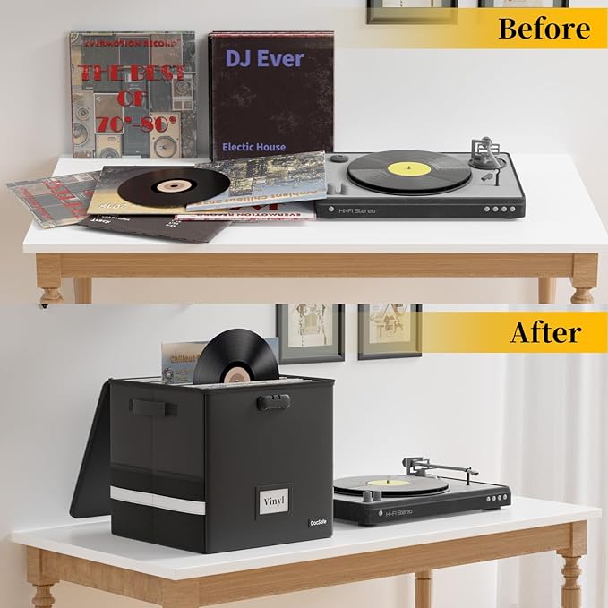 DocSafe Vinyl Record Storage Box with Lock,Fireproof Record Organizer Storage for 100+ Single Records(12-inch), Collapsible Storage Crate with Lid & Handles for Valuable Album Collection,Black,2 Pack