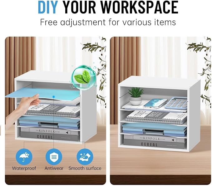 5-Tier Paper Organizer for Desk, Adjustable Mail Organizer, White | 5-Tier Paper Organizer and Mail Organizer for Desk with Adjustable Shelves for Letter Size Files Folders and Office Supplies