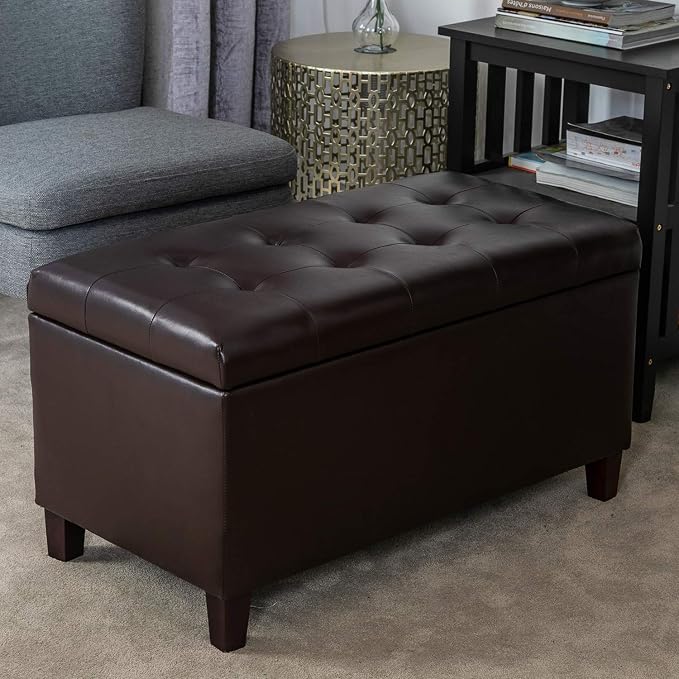 Storage Ottoman Bench, 33" Faux Leather Upholstered End of Bed Bench with Safety Hinge,Wooden Legs,for Entryway Bedroom Living Room,Chocolate Brown