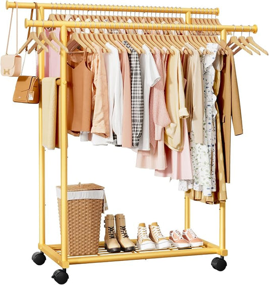 Sakugi Double Rods Clothes Rack - Metal Clothing Rack with Fixed Double Rods, Rolling Wheels & Built-In Shelf for Closet, Bedroom, Laundry Storage (39" x 17" x 60", Gold)