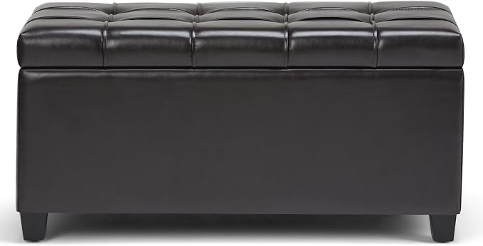 SIMPLIHOME Avalon 35" Wide Vegan Leather Storage Ottoman in Denim Blue | Transitional ottoman with tufting and lift-up lid; rectangle storage bench for living room or entryway.