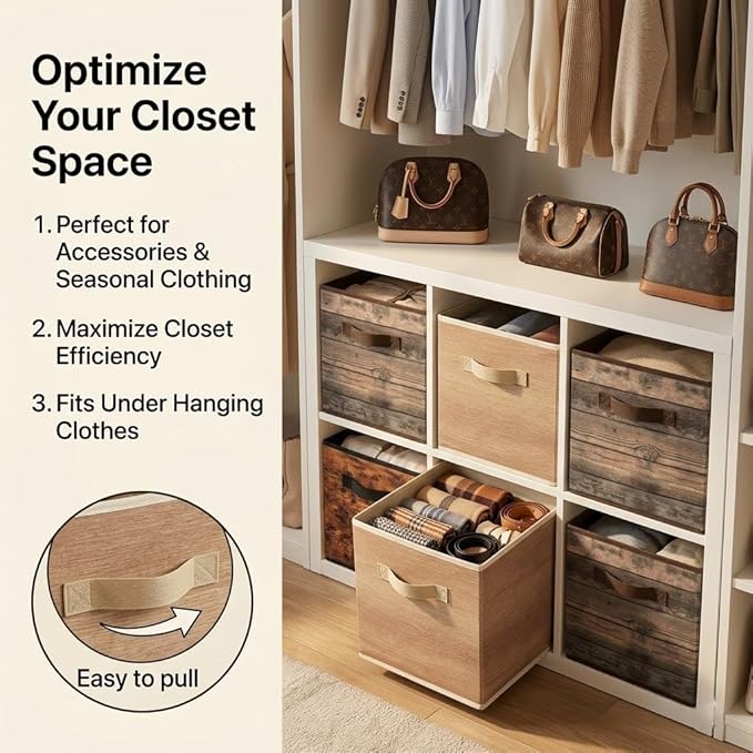 SUREMAX 11 Inch Storage Cubes 6 Pack, Wood Grain Collapsible Storage Bins with Bottom Support, Fabric Cube Storage Organizer for Closet Shelves and Bedroom, Square Box with Fabric Handles