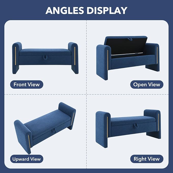NIOIIKIT 52" Storage Ottoman Bench, Teddy Upholstered Storage Bench with Armrest, Entryway Bench with Pull-Ring, End of Bed Bench, Window Bench for Living Room (Blue)
