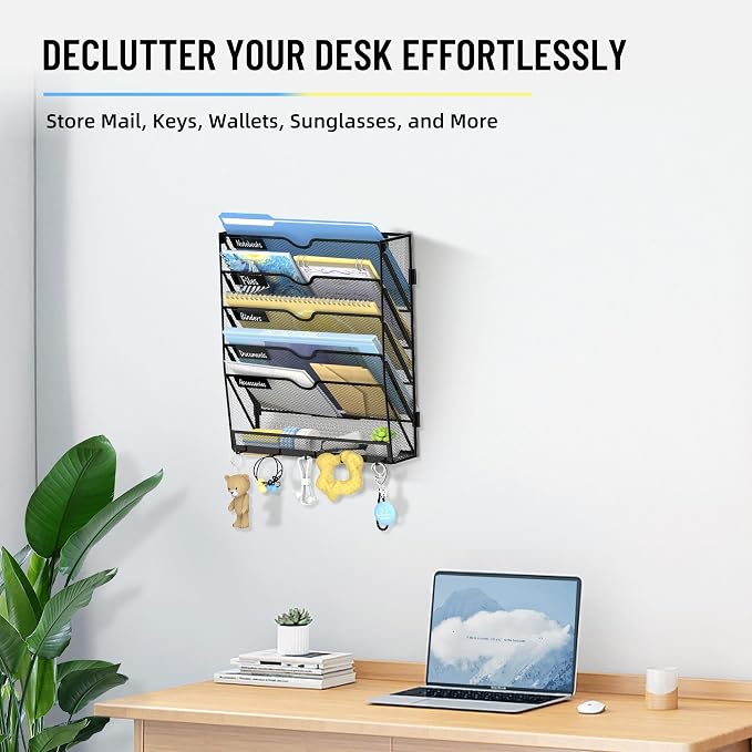 6-Tier Wall File Organizer with Hooks, Hanging File Organizer | Metal Mesh Mail Organizer, Wall Mounted File Organizer for Home, Classroom, Office Organization