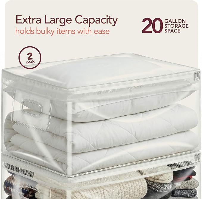 Clear Storage Bags with Zipper, 2 Pack — Comforter Storage Bag, Blanket Storage Bag & Clothes Storage Bag for Under Bed, 20 Gallon Jumbo Transparent Plastic Bag for Bedding, Quilts & Seasonal Storage