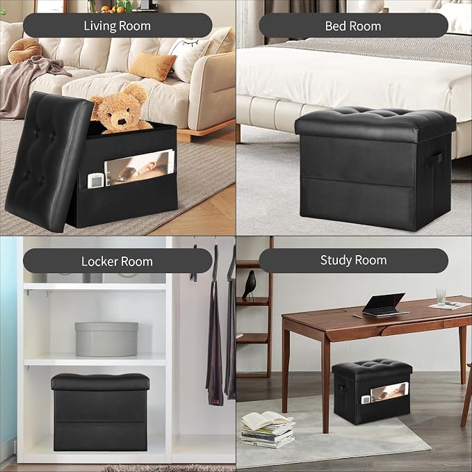 Storage Ottoman Foot Rest Stool with Thicker Foam Padded Seat. Foldable Leather Footstool Bench. Small Ottoman with Storage for Living Room Bedroom Coffee Table 350 lbs, 17x13x13in, Black. | Foldable Leather Foot Stool with Storage, Small Ottoman with ...