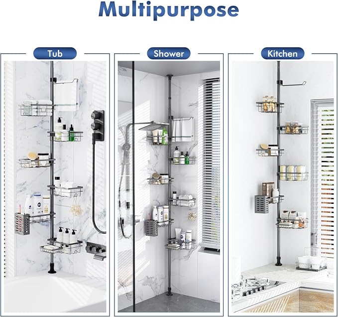 Corner Shower Caddy Tension Pole,Bathroom Shelf for Inside Shower Organizer | Adjustable 30-120’’ Storage, 6-Tier Shower Shelves, Rustproof Shower Rack with Towel Bar, Soap Dish & Toothbrush Holder