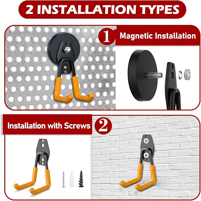 3-H Heavy Duty Magnetic Hooks, Large Magnet Hooks,4 Pack Orange | No-Drill Tool Holder for Garage,Power Drill,Garden Tools,Hose Storage