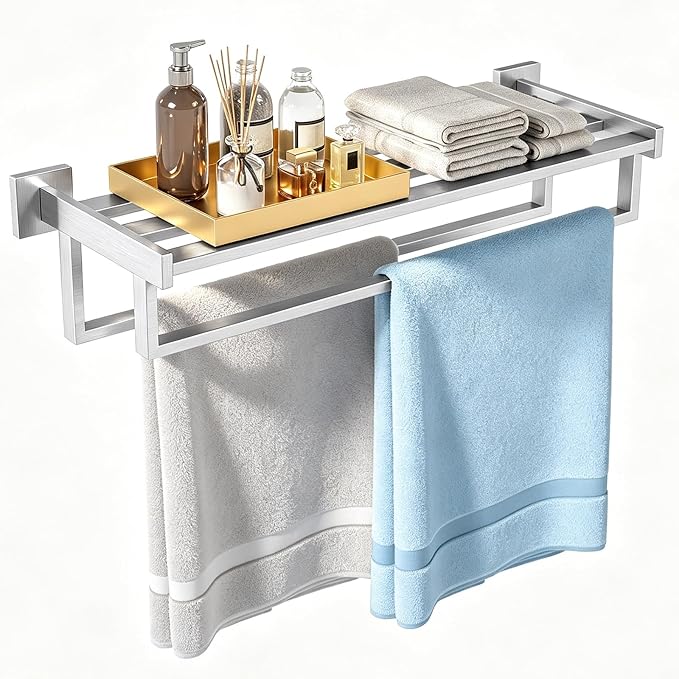 STWWO Double Towel Racks for Bathroom Wall Mounted, 24 Inch, Brushed Nickel | Double Towel Bar with Shelf, Dual Towel Rack with Shelf, Stainless Steel Hand Towel Hanger, Bath Towel Holder for Wall