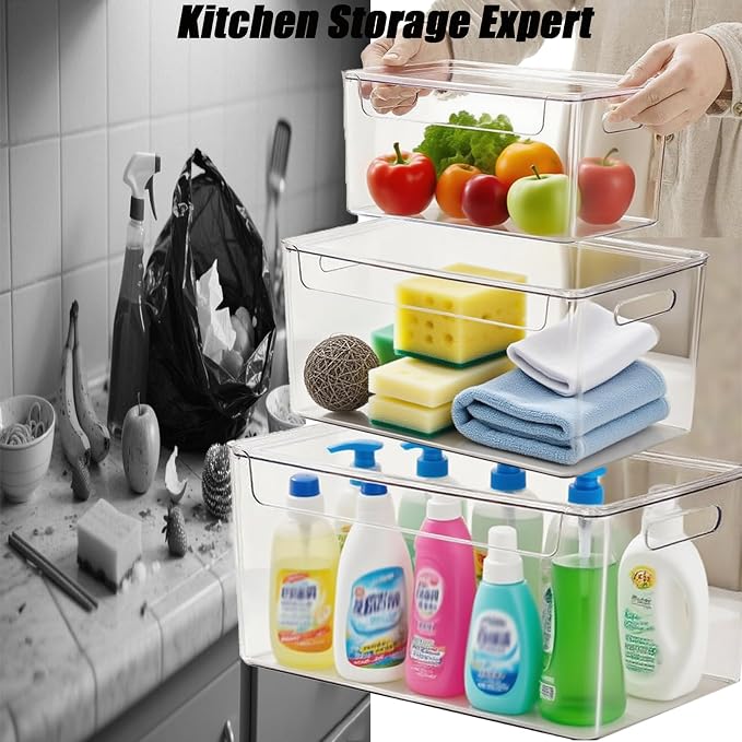 3 Pack Trash Bag Organizer Under Sink, Stackable Plastic Garbage Bags Holder with Lid, Trash Bag Dispenser Roll Storage for Kitchen, Pantry & Laundry Room Organization