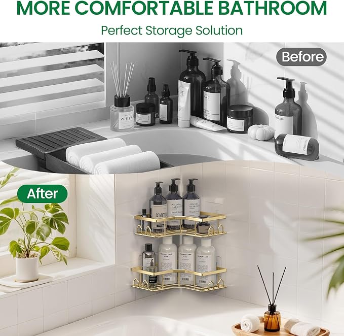 Adhesive Shower Caddy, 2 Pack Corner Bath Organizer, Rustproof Stainless Steel Shower Shelves with Large Capacity, No Drilling Shelves for Bathroom Storage, Home, Kitchen Décor(Gold)