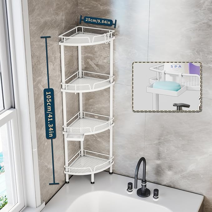 Consumest Corner Shower Organizer Stand - 4 Tier Shower Caddy with Soap Holder, Standing Tall Floor Shower Stand with Adjustable Feet & 4 Hooks, Shower Shelf Rack Storage for Bathroom White