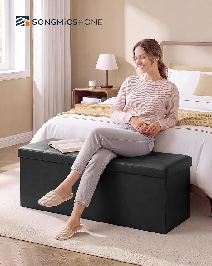 SONGMICS Home Foldable Foot Rest Stool, Storage Ottoman, Tufted Design, PU Leather, Easy Assembly and Cleaning, for Entryway, Living Room, Bedroom, 43.2 Inches, Black