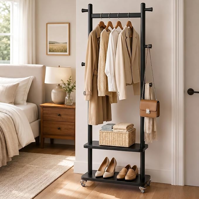 Taitiy Solid Wood Coat Rack Freestanding with Wheels 5 Hooks 2 Shelves