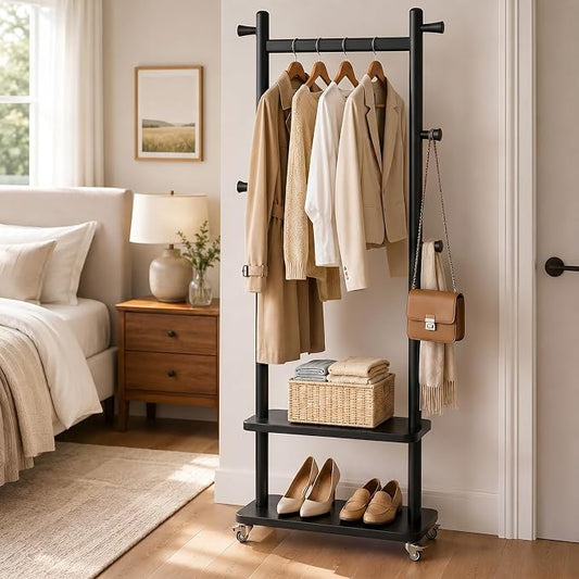 Taitiy Solid Wood Coat Rack Freestanding with Wheels 5 Hooks 2 Shelves