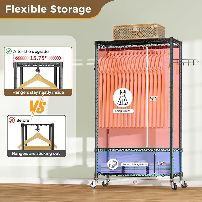 Golpart Heavy Duty Rolling Clothes Rack Wheels Portable Metal Garment Rack | Wardrobe Adjustable Wire Shelving Metal Double Clothing Racks for Hanging Clothes Organizer Closet Laundry Room Organization
