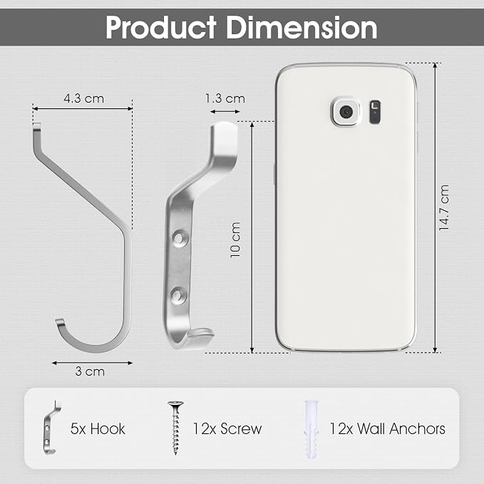 GlazieVault Coat Hooks – Door Hook (5 Pack) - Heavy Duty Wall Mounted - Premium Design Rust Free Hooks