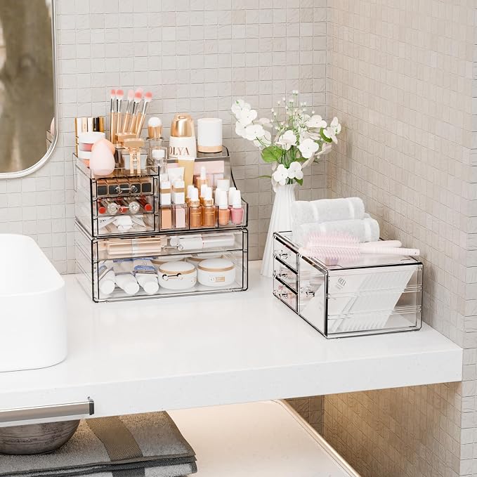 3 Pack Clear Makeup Organizer Countertop for Dresser,Vanity and Bathroom Counter Organizer,Tiered Stackable Makeup Acrylic Organizers with 9 Drawer for Skincare,Brush and Make up Holders