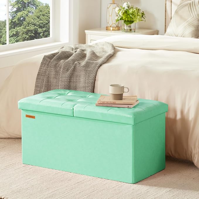 HAUSFRAU Ottoman with Storage Bench Folding Foot Rest Stool Teal | 30", Flip Lid, Faux Leather, Upholstered Foldable Footrest Footstool, Bedroom Bench, Living Room Dorm Ottoman, Rectangle