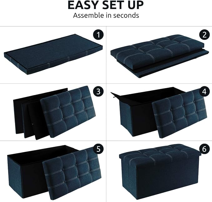 YOUDENOVA 30" Linen Ottoman with Storage, Folding Bench, Blue | Foldable linen ottoman with hidden storage, padded seat and sturdy frame for living room or bedroom.