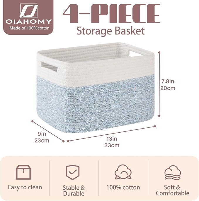 OIAHOMY 4 Pack Storage Basket, 13"x9"x7.8" Cotton Rope Baskets for Shelves, Closet Organizer for Bedroom & Living Room, Soft Decorative Bins for Organizing Towels, Books & Toys, Light Blue & White