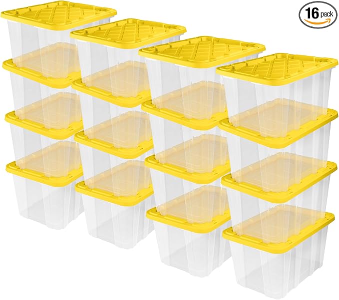 Sterilite Industrial Storage Tote with Lids for Garage, 27 Gallon, 16-Pack | Heavy-Duty and Stackable Utility Box Containers for Home, Office, and Basement Organization, Yellow