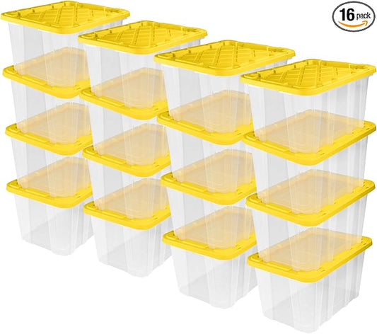 Sterilite Industrial Storage Tote with Lids for Garage, 27 Gallon, 16-Pack | Heavy-Duty and Stackable Utility Box Containers for Home, Office, and Basement Organization, Yellow