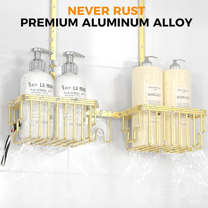 Adjustable Aluminum Shower Caddy Hanging for Handheld Showerhead, Gold | Rustproof Aluminum, Shower Organizer, Anti-Slip, Quick-Drain Shelf, 40lbs Capacity, Suction Cups, 8 Hooks, Razor Soap Holders