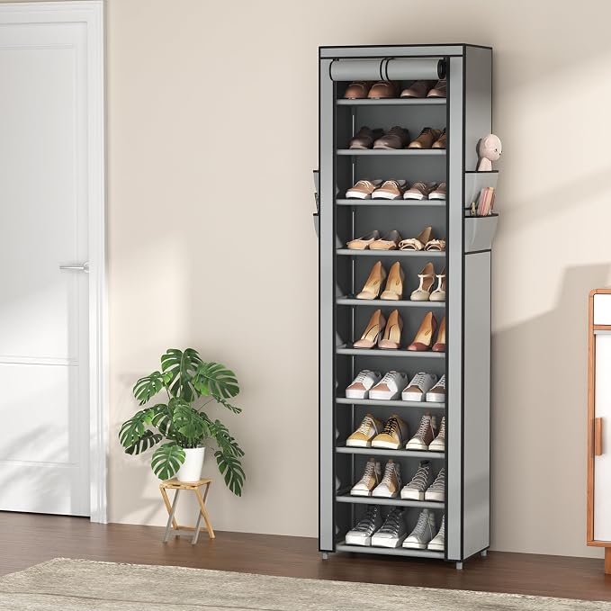 VTRIN Vertical Narrow Shoe Rack Organizer Tall Shoe Rack for Closet Entryway 10 Tier Non-Woven Cover Shoe Shelf Holds 20-22 Pairs Free Standing Shoe Storage Cabinet with Dustproof Cover, Grey