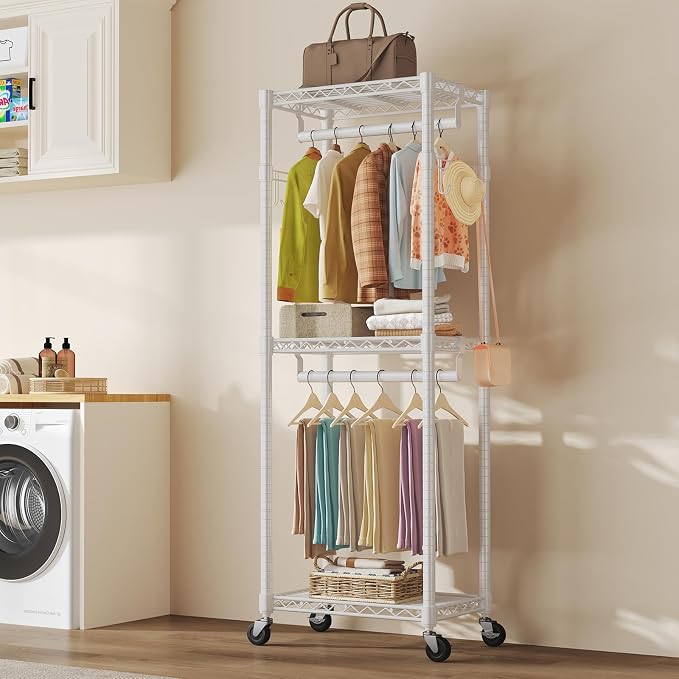 OLIXIS Clothes Rack Heavy Duty Adjustable Garment Clothing Rack with Wheels, Rolling Metal Freestanding Closet Organizer for Hanging Clothes with 2 Side Hooks, Double Rods, 23.6"x15.7"x74.4", White