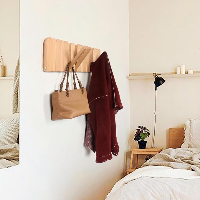 Wall Coat Rack for Entryway: Folding Wood Modern Heavy Duty 8 Hooks | 21.6'' Wall Mounted for Boho Home Decor Bathroom Bedroom Hallway for Hanging Towel Jacket Backpack Bag