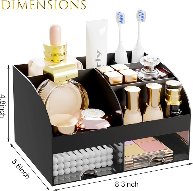 Makeup Organizer with 2 Drawers, Cosmetic Storage for Dresser Vanity and Bathroom Countertop,Make up organization and Skincare Storage with Beauty Brush Holder, Cosmetic Display Case (Black)