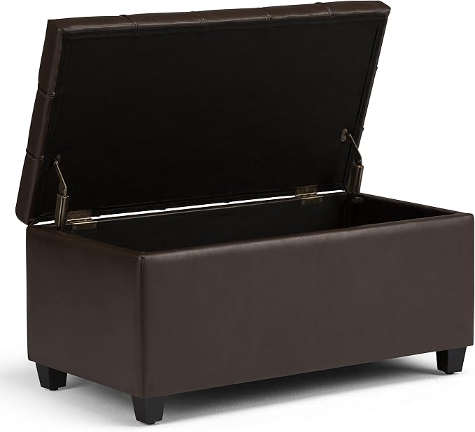 SIMPLIHOME Shiloh 48" Wide Vegan Leather Rectangle Ottoman in Saddle Brown | Transitional ottoman with tufting and lift-up lid; rectangle storage bench for living room or entryway.