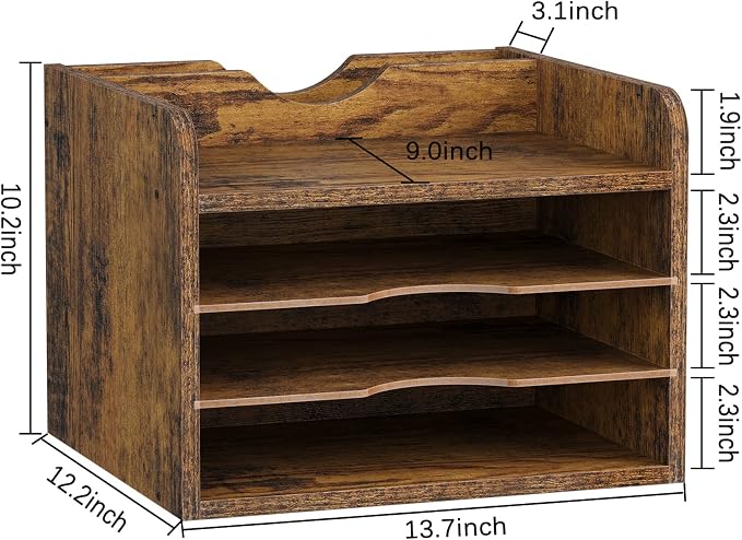 Snughome Vintage Wood File Organizer Desktop, 13.4’’ Document Letter Mail Tray Sorter with 3 Adjustable Shelves, Wooden Desktop Paper File Sorter Holder (Rustic Brown, 13.78’’L x 11.81’’W x 11.02’’H)