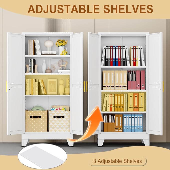61" White Metal Storage Cabinet with 2 Doors and 3 Adjustable Shelves,Steel Garage Tool Cabinet, File Cabinet,Kitchen Pantry Cabinet for Home,Office,Garage,School,Warehouse