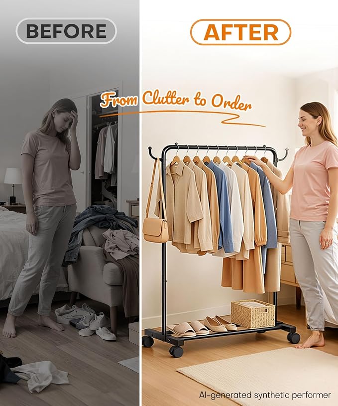 Homde Portable Clothes Rack for Bedroom: 4 Lockable Wheel Move Room-to-Room | Laundry to Closet in 1 Smooth Roll - No Heavy Lifting for Renters & Movers - 88 lbs Hanging Rod for Garment Coat to T-Shirt
