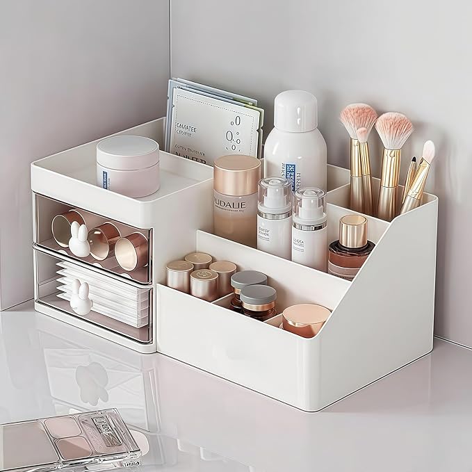 Makeup Organizer with Drawers, Cosmetic Storage for Dresser Vanity and Bathroom Countertop, for Kids Family, Toothpaste Holder for Bathroom Vanity Organizer Storage (White)