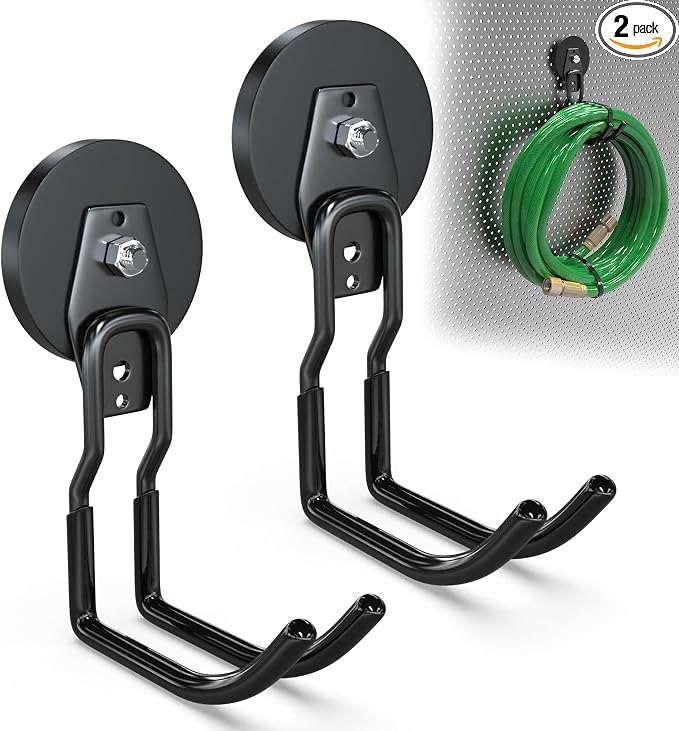 3-H Heavy Duty Magnetic Hooks,No-Drill Garage Power Tool Holder, 2 Pack | Patented Extended Right-Angle Support boosts load capacity. Works on iron & steel surfaces, perfect for workshop,shed